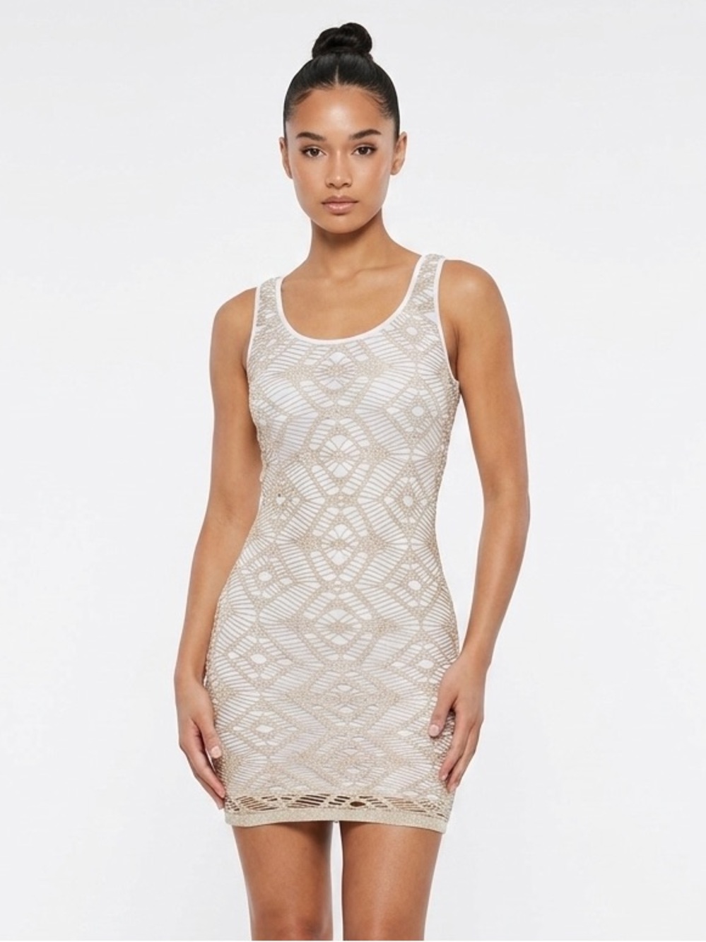 bebe Gold Metallic Crochet Knit Overlay Bodycon Mini Dress Size Small